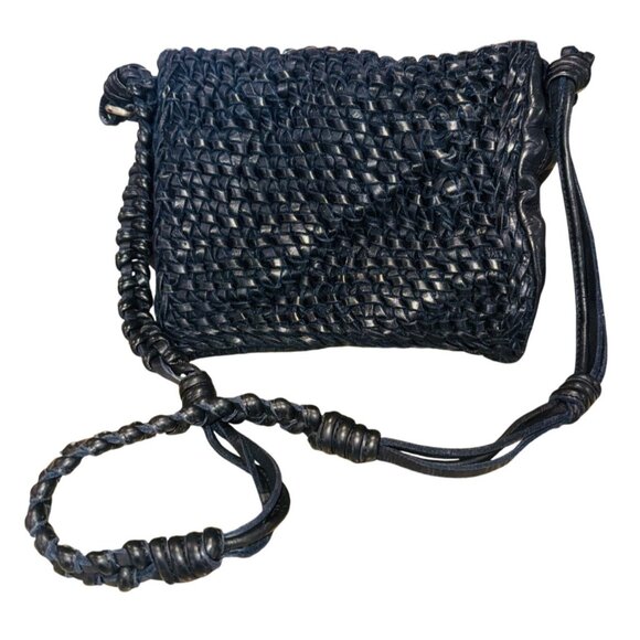 Genuine Leather Handbags - VTG Handwoven Black Leather Crossbody Handbag Adjustable Strap Textured Boho